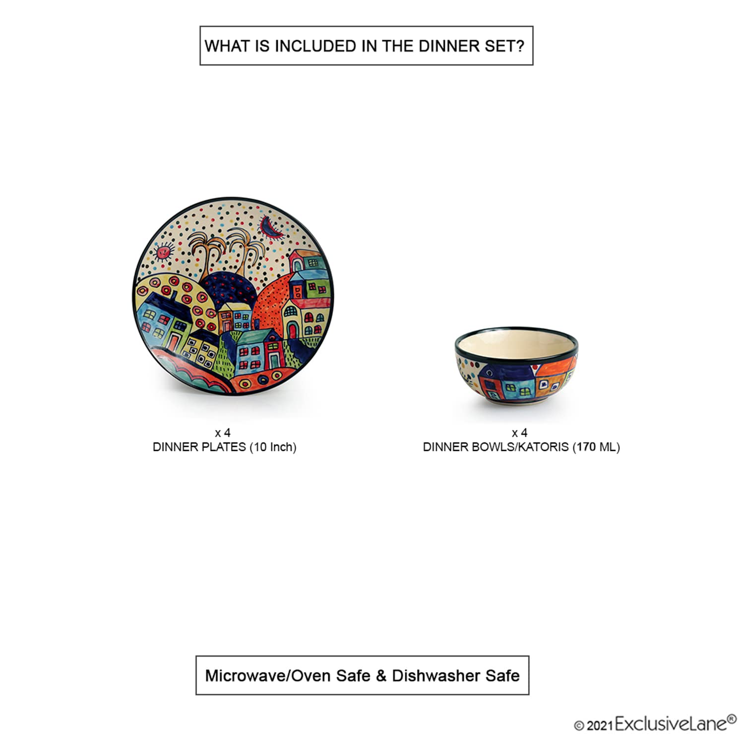 Exclusivelane Hut Dining Handpainted Ceramic Dinner Set Ceramic Plates For Dinner Plates With Ceramic Bowls Katoris (8 Pieces,